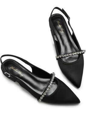 Women Slingback Flats with Rhinestone Pointed Toe Flats Black Satin Dressy Shoes